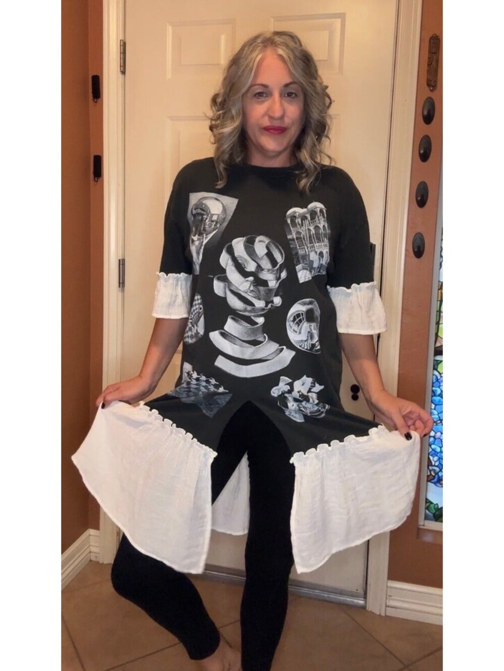 Upcycled MC Escher Double-Sided Graphic tee with White Ruffled Trims S-L
